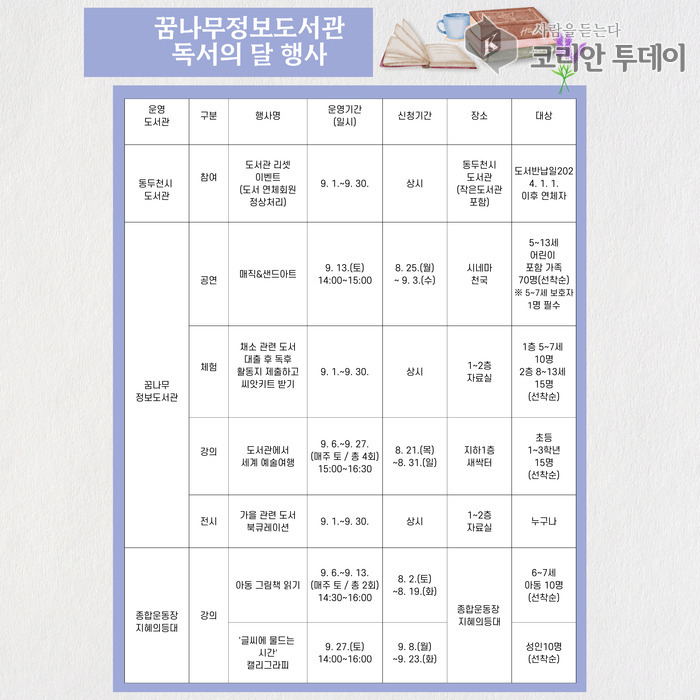 동두천시 꿈나무정보도서관, ‘독서의 달’ 맞아 어린이 위한 다채로운 행사
