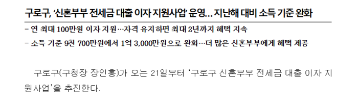 ‘신혼부부 전세금 대출 이자 지원사업’ 운영… 지난해 대비 소득 기준 완화