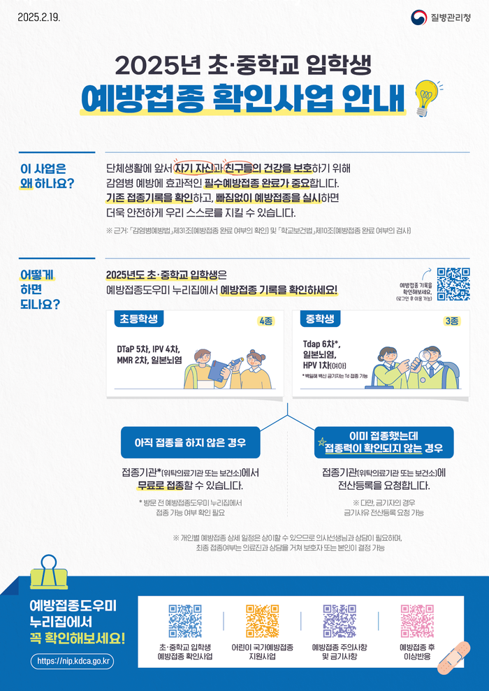 2025년 초·중학교 입학생 대상 필수예방접종 확인사업 시행