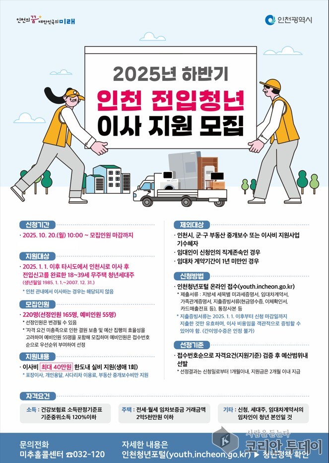 인천시, 청년 전입 이사비 하반기 지원 확대…최대 40만 원 지원