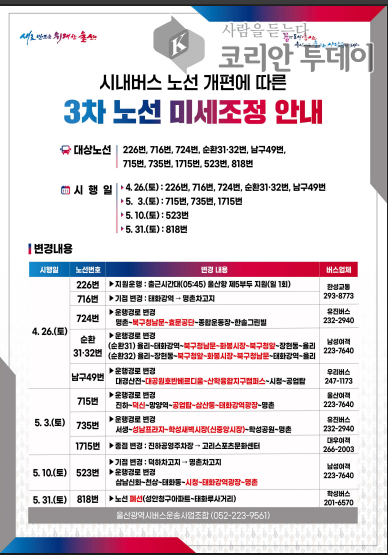 울산시, 3차 버스노선 미세조정 시행