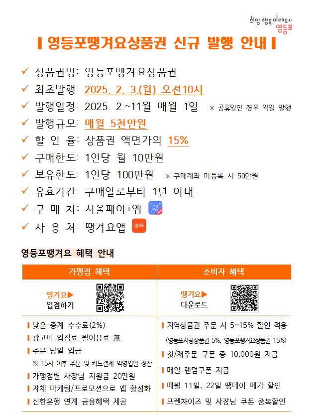 2월 3일(월) 오전10시 영등포땡겨요상품권 신규 발행 안내